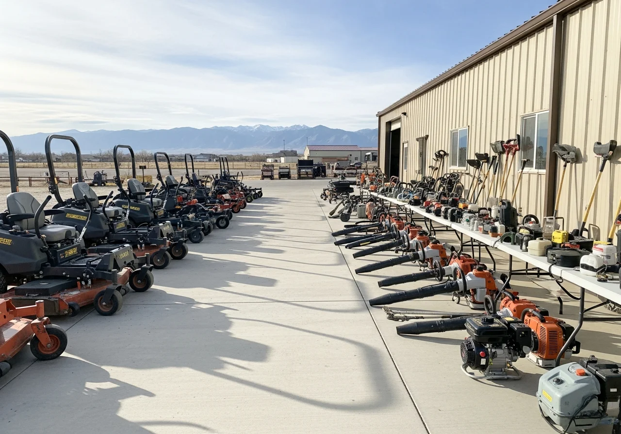 Landscaping crew with professional equipment and tools ready for property maintenance work.