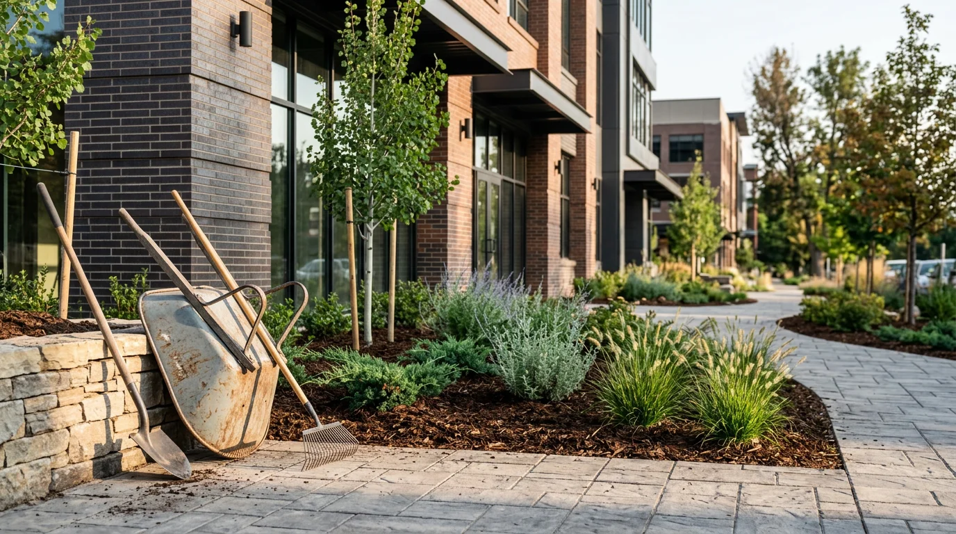 Professional landscape enhancement featuring modern hardscaping, mature plantings, and manicured grounds at Denver commercial property