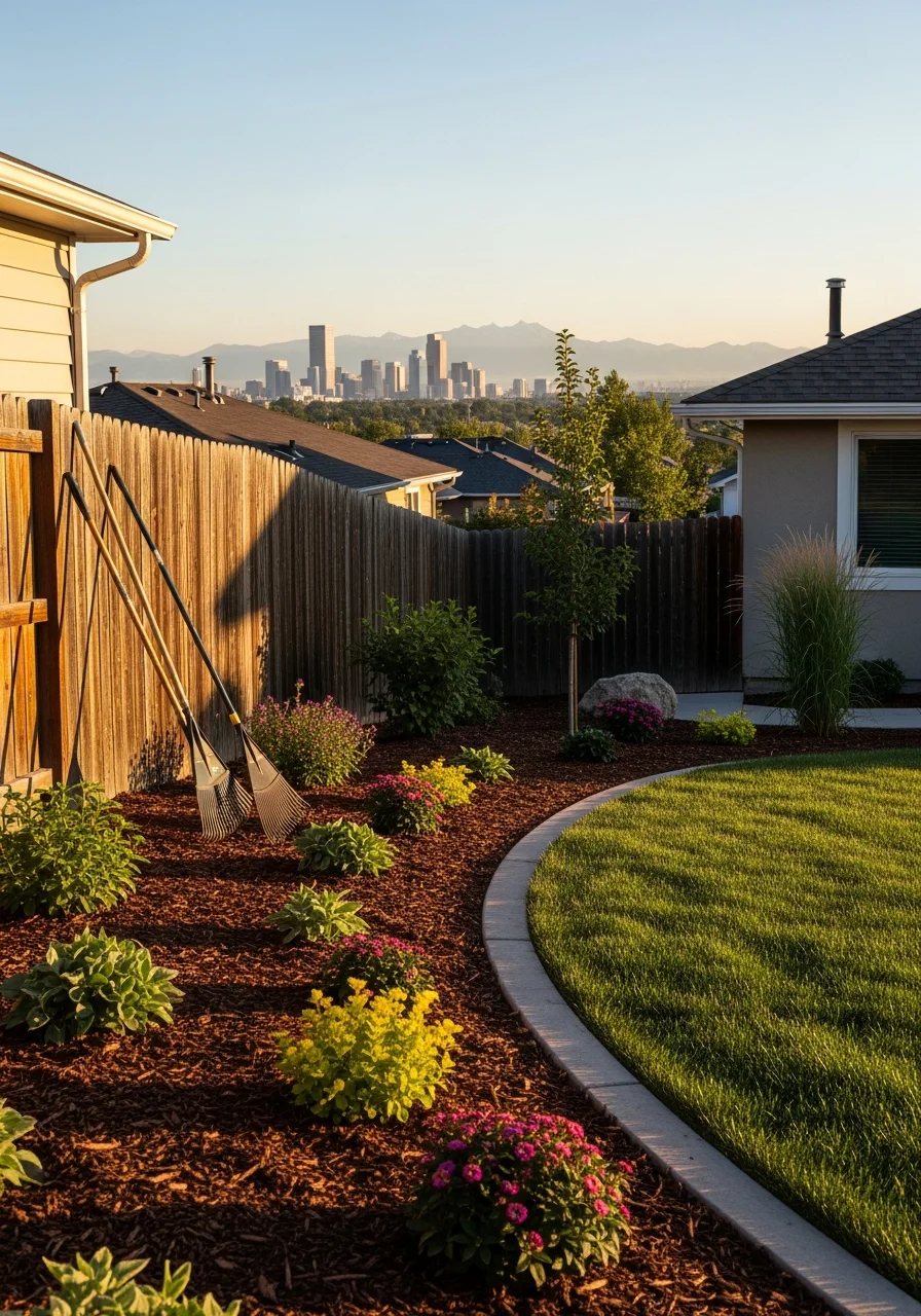 Professional crew working on a Denver property with city buildings visible in background.
