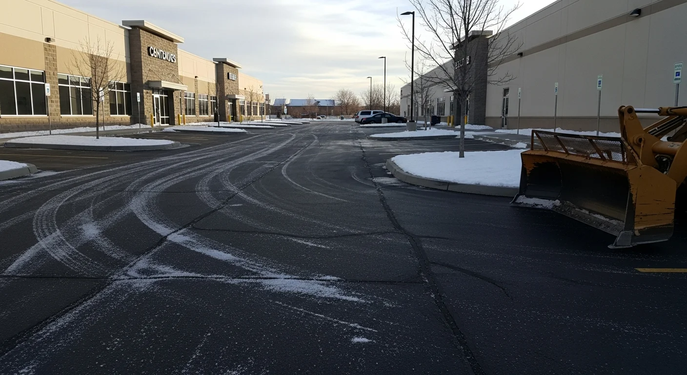 A commercial parking lot in Centennial, CO with cleared drive lanes and snow pushed to perimeter storage areas after a winter storm. Building entrance and sidewalk are fully cleared with no ice visible on the walking surface.