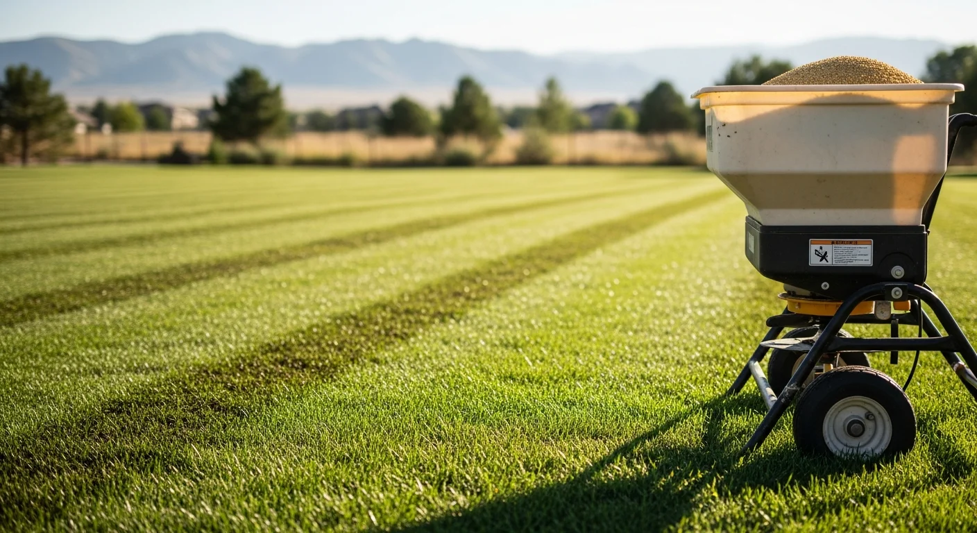 A Centennial, CO residential lawn showing dense, evenly green cool-season grass after a professional fertilization treatment. A lawn care technician from Sentry Property Service applies granular fertilizer across the turf on a clear Colorado day.