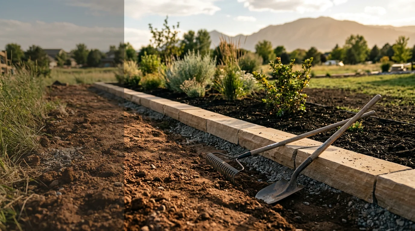 Defined stone hardscape border separating a mulch planting bed from a lawn area at a residential property in Centennial, CO. Clean edging lines frame the bed perimeter with decorative rock accents placed at the corner transition.