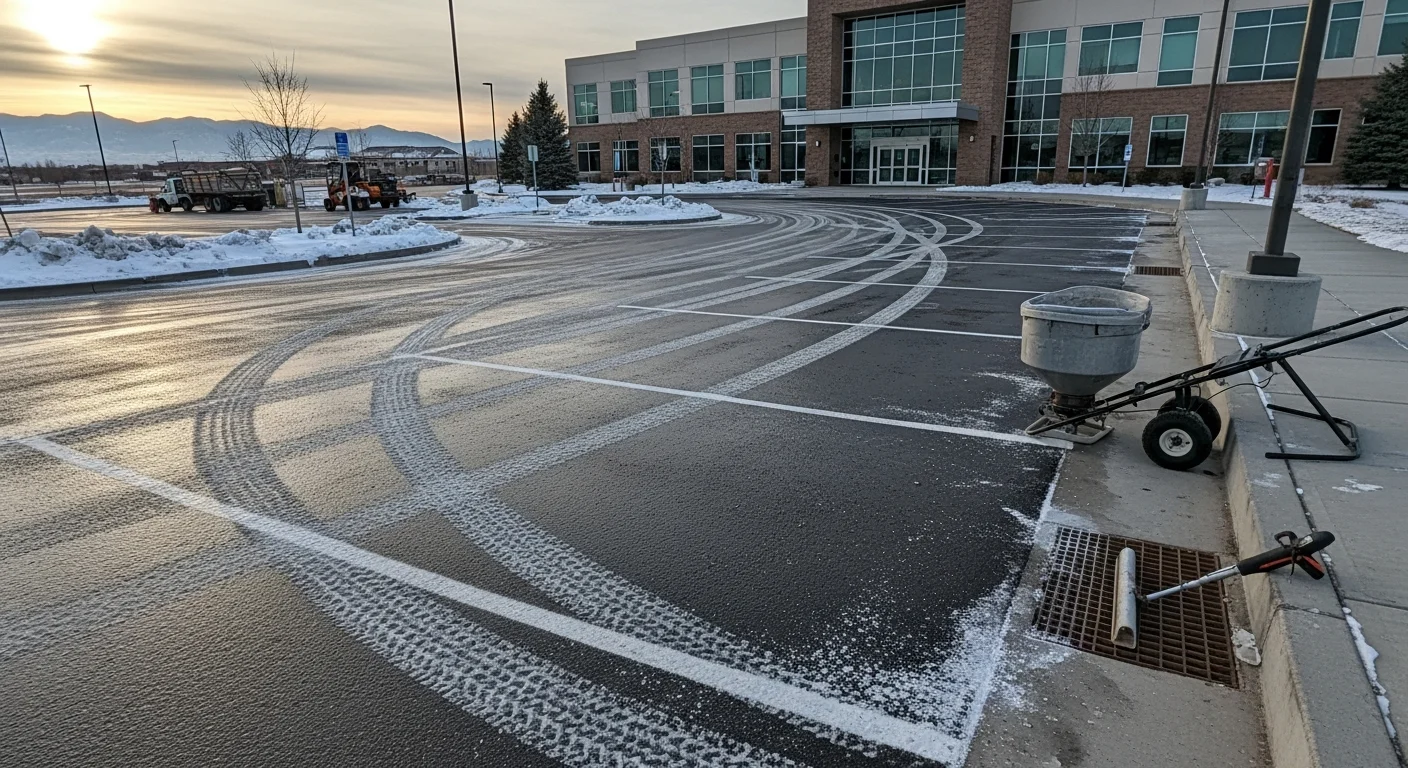 A treated commercial parking lot in Centennial, CO with clear drive lanes and dry walkways after a winter ice event. A property entrance and adjacent sidewalk show no visible ice buildup following de-icing service.