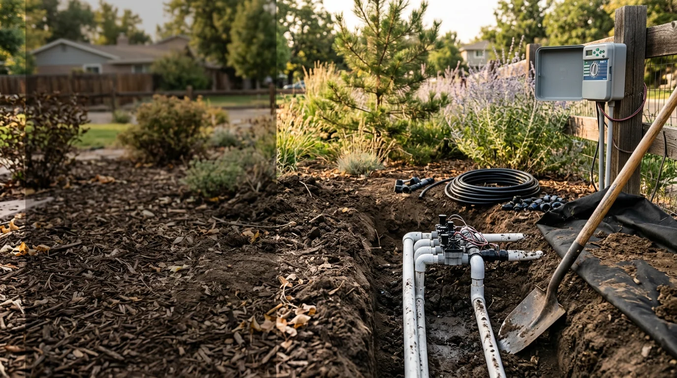 A freshly installed residential sprinkler system with multiple pop-up heads watering a green lawn in a Centennial, Colorado neighborhood. Visible zones cover turf and adjacent garden bed areas on a sunny Front Range afternoon.