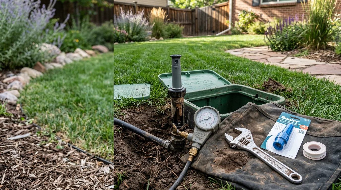 A sprinkler head being inspected and adjusted in a residential lawn in Centennial, Colorado, with green turf visible in the background. A technician checks the spray pattern and zone coverage on a sunny Colorado day.