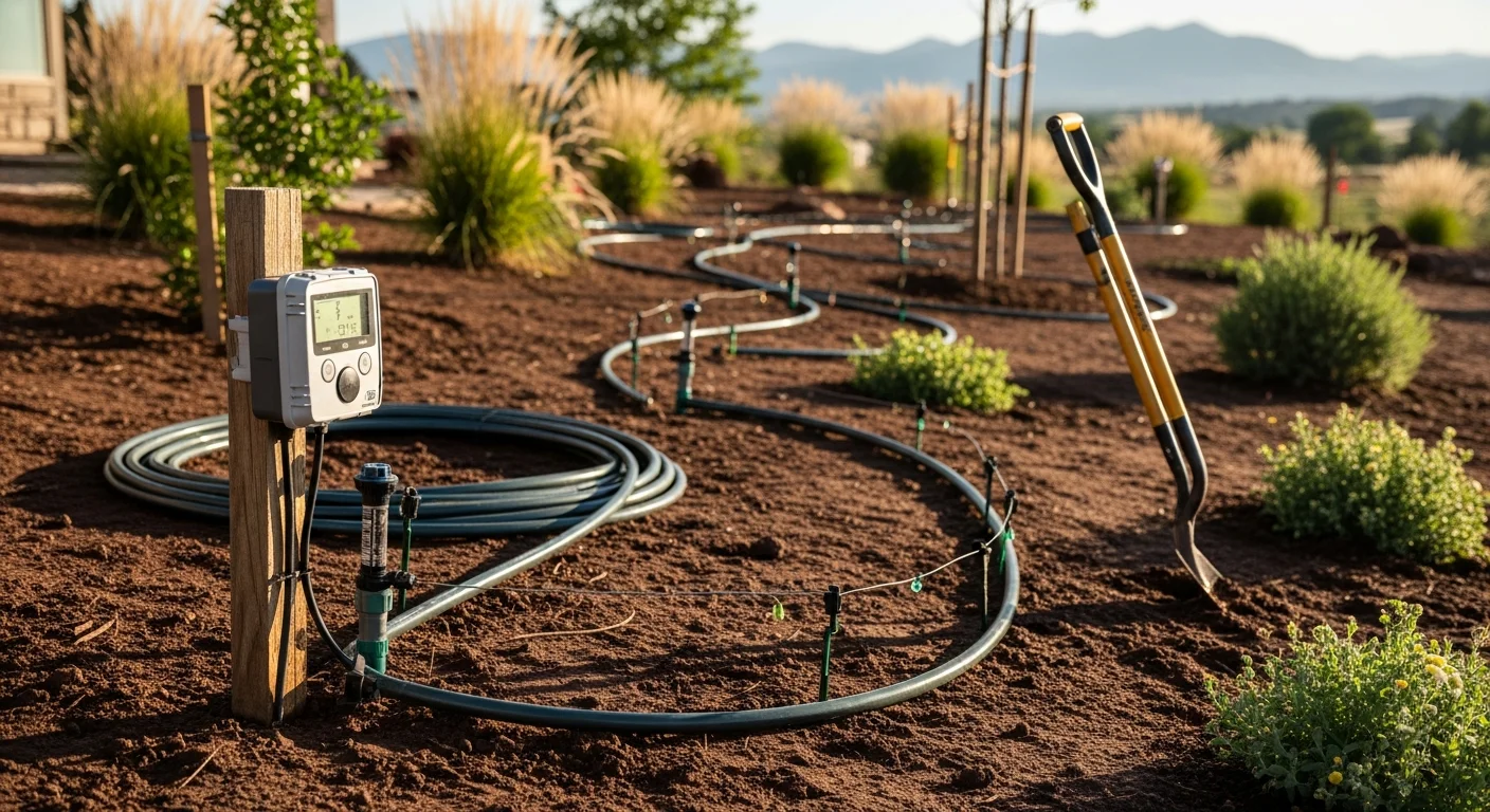 A freshly installed in-ground irrigation system with pop-up sprinkler heads running across a green residential lawn in Centennial, CO. Spray heads cover a multi-zone turf area with a controller box mounted on an exterior wall in the background.