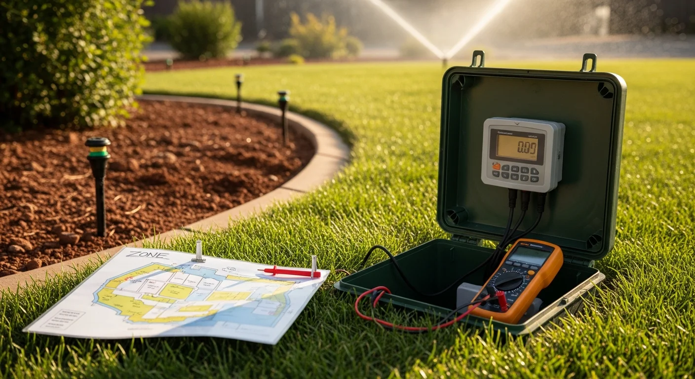 A irrigation technician inspecting and adjusting a sprinkler head in a residential yard in Centennial, CO, with a green lawn and dry Colorado landscape visible in the background. The system is running in an early morning watering cycle with spray coverage across a turf zone.