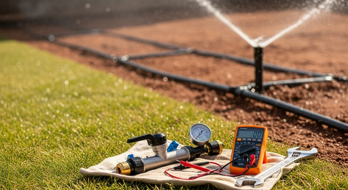 A Sentry Property Service technician inspecting a residential irrigation valve box in a Centennial, CO backyard. Sprinkler heads are visible across a green lawn with the Front Range foothills in the background.