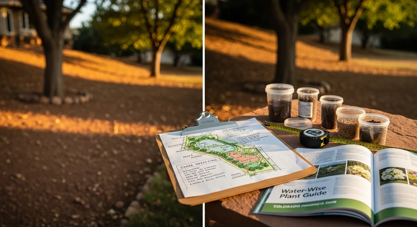 A Centennial, CO residential backyard showing a landscape design consultation in progress, with a landscaping professional reviewing a yard layout on a suburban property with visible clay soil and a mix of low-water plantings. A clipboard with a site plan rests nearby as the consultant points to a graded slope near the home's foundation.