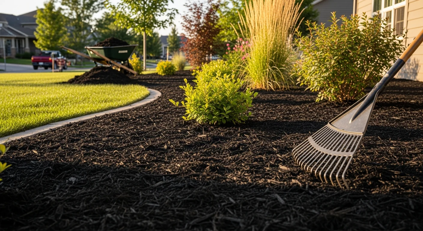 Freshly mulched planting beds with trimmed shrubs and seasonal color plantings along the front of a residential property in Centennial, CO. Clean bed edges and defined borders frame the home's entrance against a clear Colorado sky.