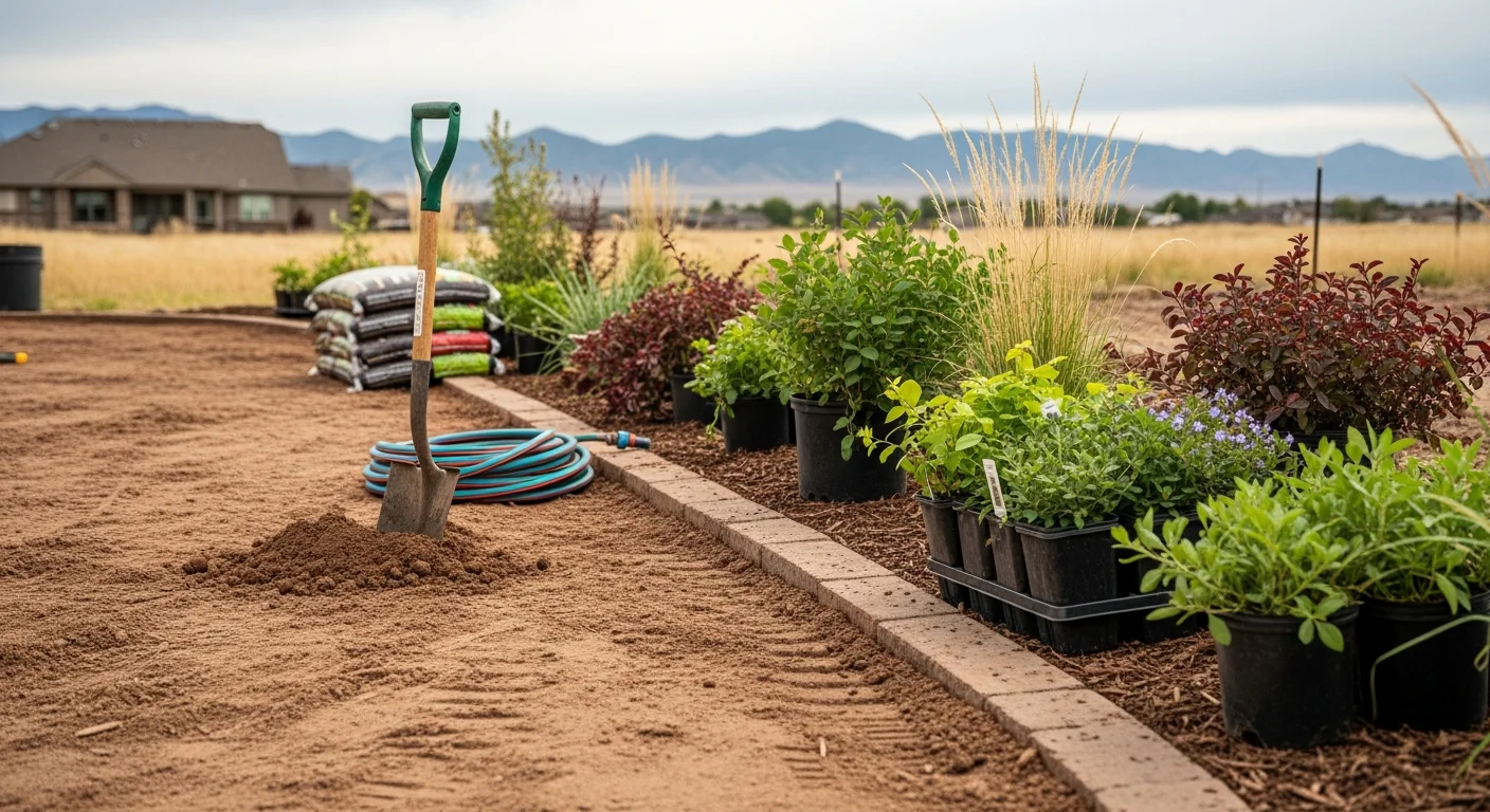 A freshly installed residential landscape in Centennial, CO showing a green sod lawn, mulched planting beds with shrubs, and clean edging along the front of a single-family home. The yard reflects a tidy, HOA-appropriate design suited to the Front Range suburban setting.