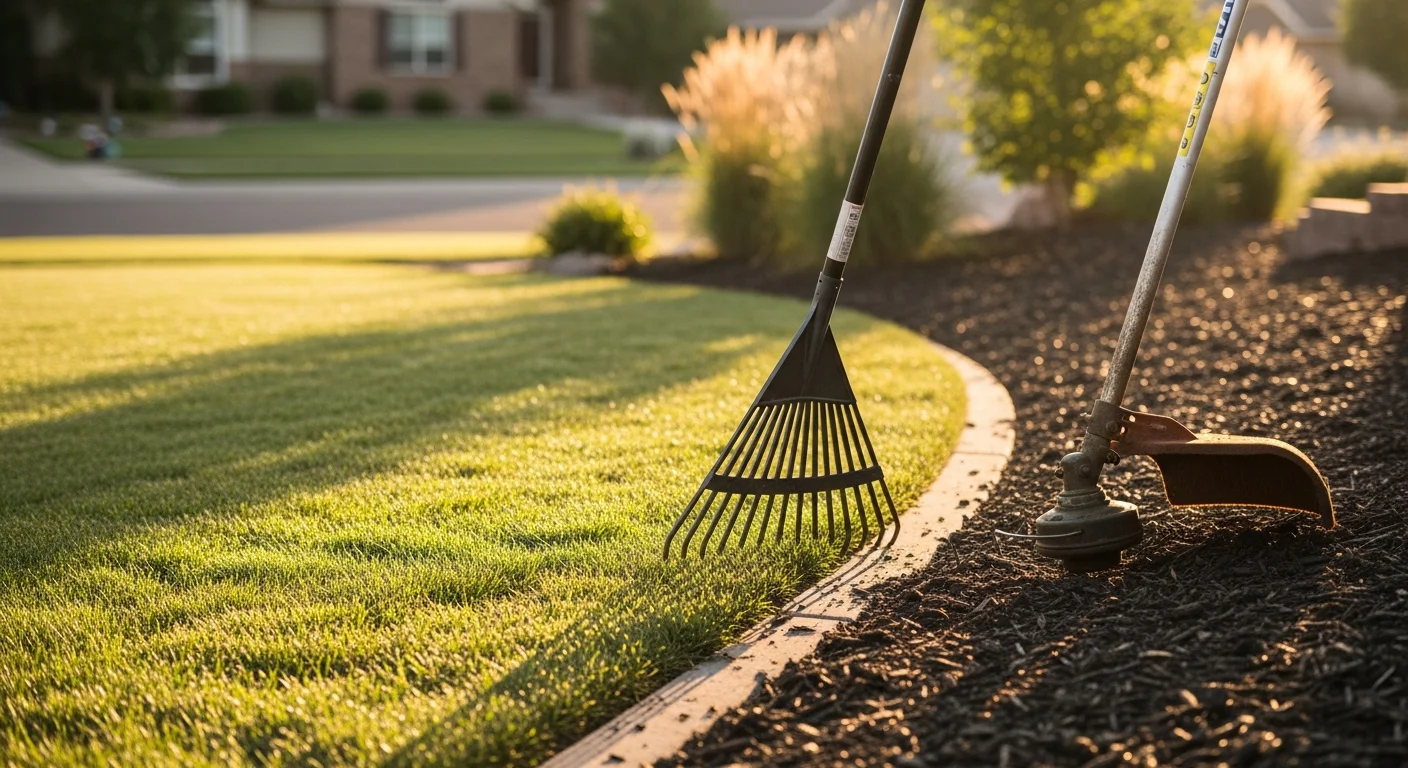 A well-maintained residential lawn in Centennial, CO with clean mow lines, trimmed shrubs, and neatly edged garden beds. A Sentry Property Service crew member tends to the landscape on a sunny Front Range afternoon.