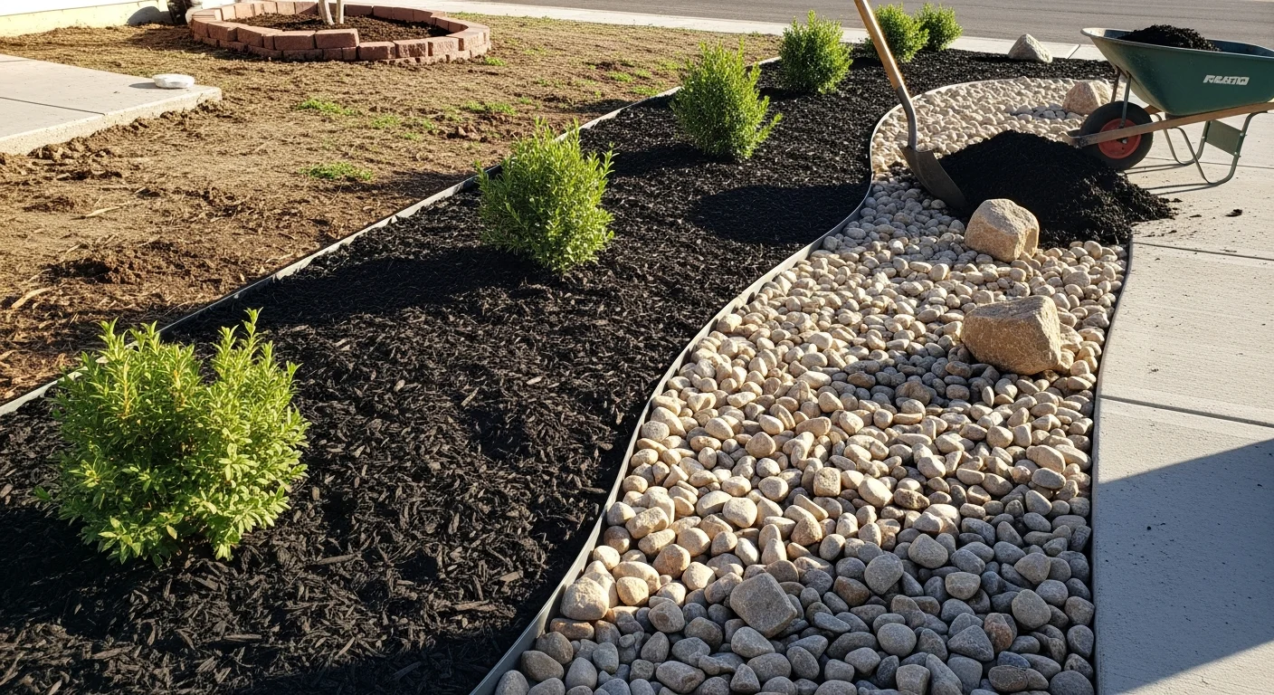 Freshly installed decorative rock and edged landscape beds at a residential property in Centennial, Colorado. Clean bed lines separate the rock ground cover from a lawn area on a gently sloped front yard.