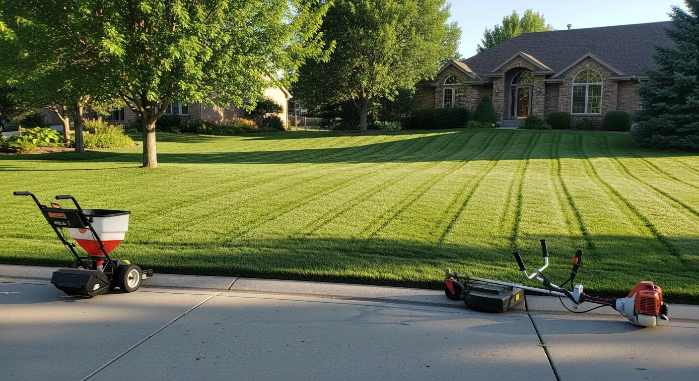 A neatly mowed and edged residential lawn in Centennial, CO with clean turf lines and trimmed borders. A property maintenance crew from Sentry Property Service works the yard on a clear Colorado afternoon.