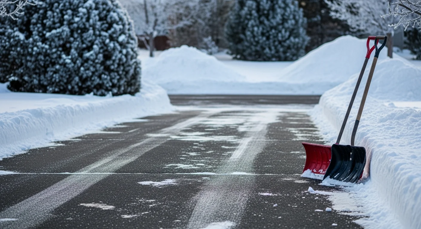 A cleared residential driveway and front walkway in Centennial, CO after a heavy winter snowfall, with snow pushed to the sides and entry steps fully exposed. A single-family home is visible in the background with a clean path from the street to the front door.