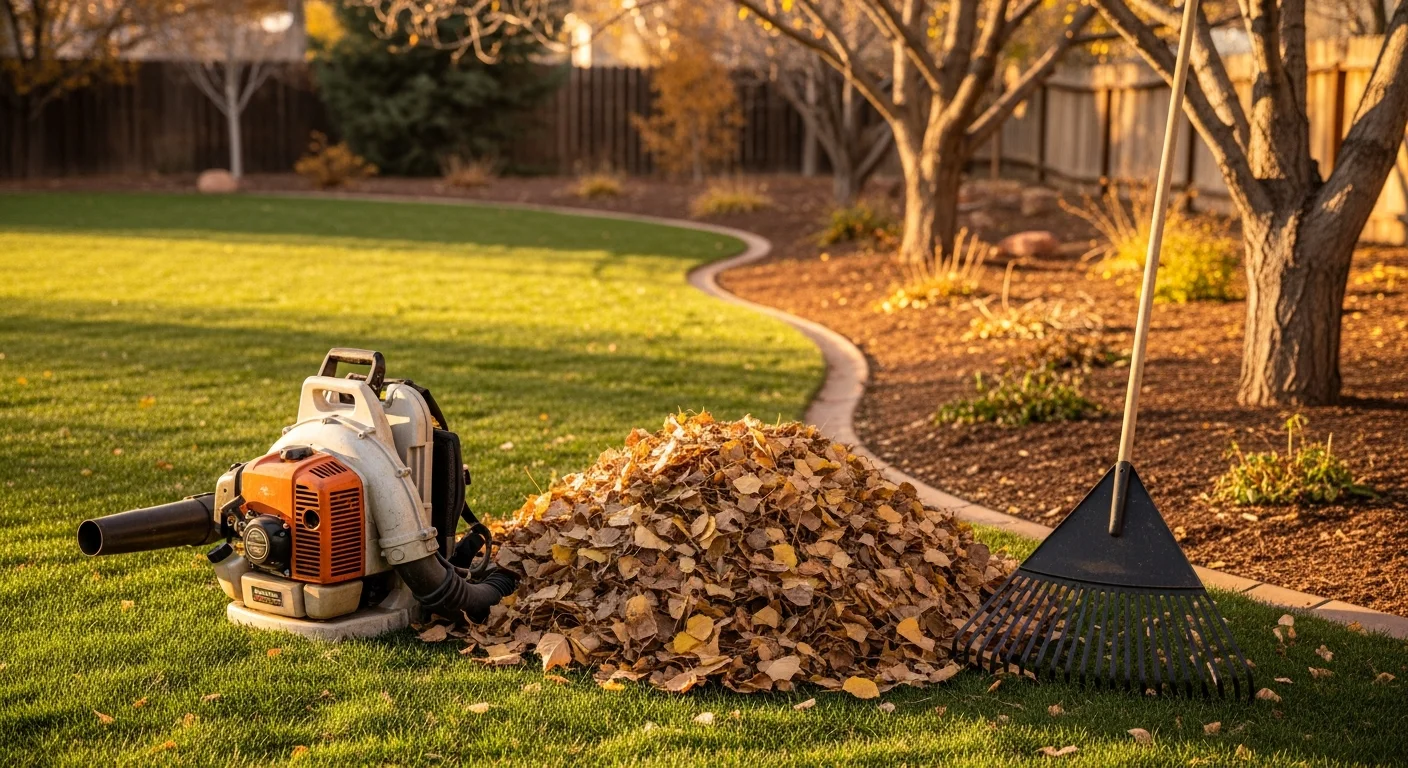 A Centennial, CO residential backyard after a fall seasonal cleanup, showing cleared lawn areas, trimmed shrubs, and empty garden beds with all leaf debris removed. Bags of collected yard waste are staged near the property edge ready for haul-away.