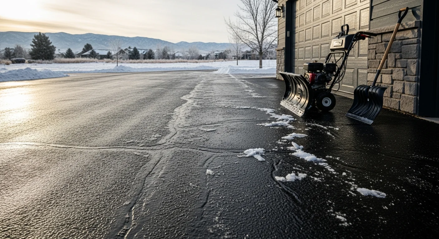 A cleared residential driveway and front walkway in Centennial, CO after a heavy snowstorm, with snow pushed to the edges and a clean path leading to the front door. Ice-free sidewalk visible along the street-facing edge of the property.