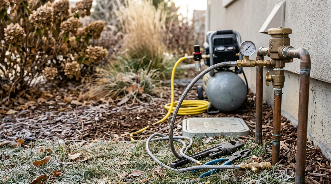 An irrigation technician testing a sprinkler zone during a spring activation service call at a residential property in Centennial, CO. Green lawn and suburban home visible in the background under a clear Colorado sky.