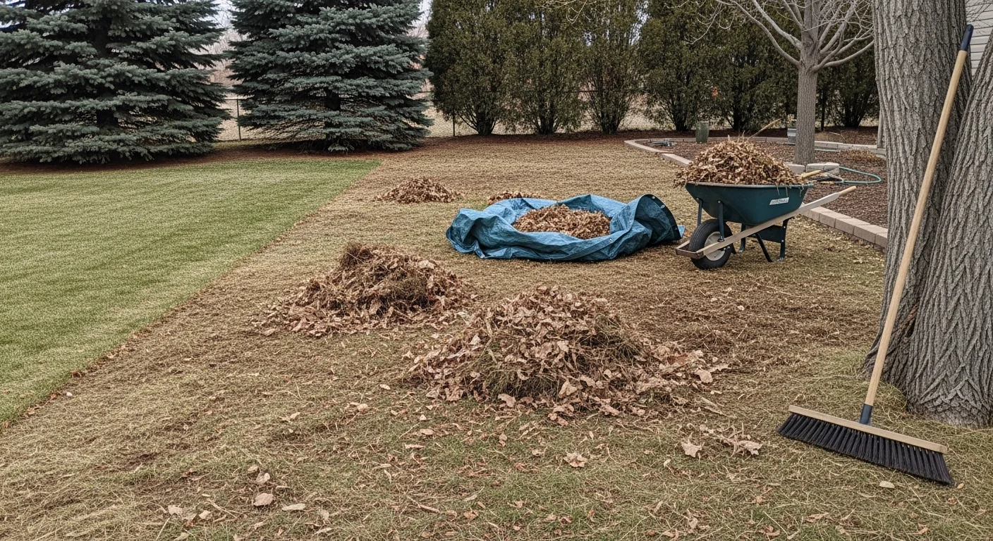 A Centennial, CO residential front lawn after a fall cleanup, showing cleared turf free of leaves and debris with tidy planting beds along the property edge. A lawn care crew from Sentry Property Service loads bagged debris into a truck parked on the street.
