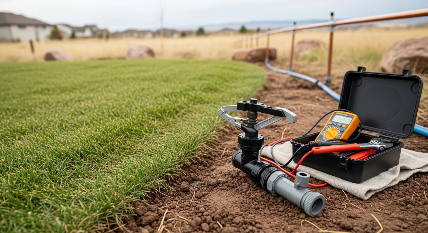 A sprinkler technician adjusting a pop-up irrigation head in a residential lawn in Centennial, CO, with a single-story home and dry Front Range landscape visible in the background. The repaired head sprays an even arc of water across a green grass zone.