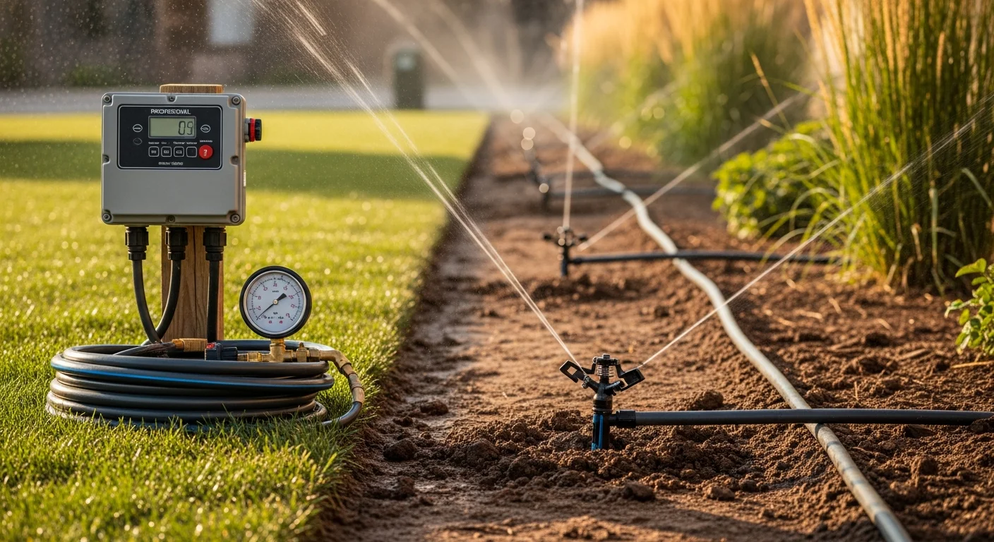 A freshly installed in-ground sprinkler system watering a green residential lawn in Centennial, Colorado, with multiple spray heads running across separate turf and garden bed zones on a clear summer morning.