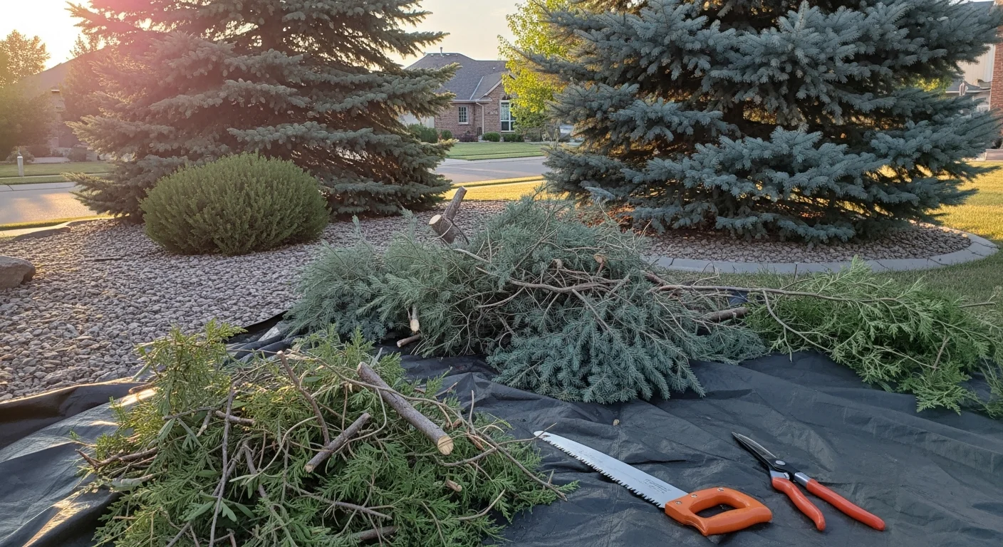 A neatly trimmed row of shrubs and a pruned shade tree in the front yard of a Centennial, CO residential property. Clippings are cleared from the lawn and the plants show clean, defined edges.