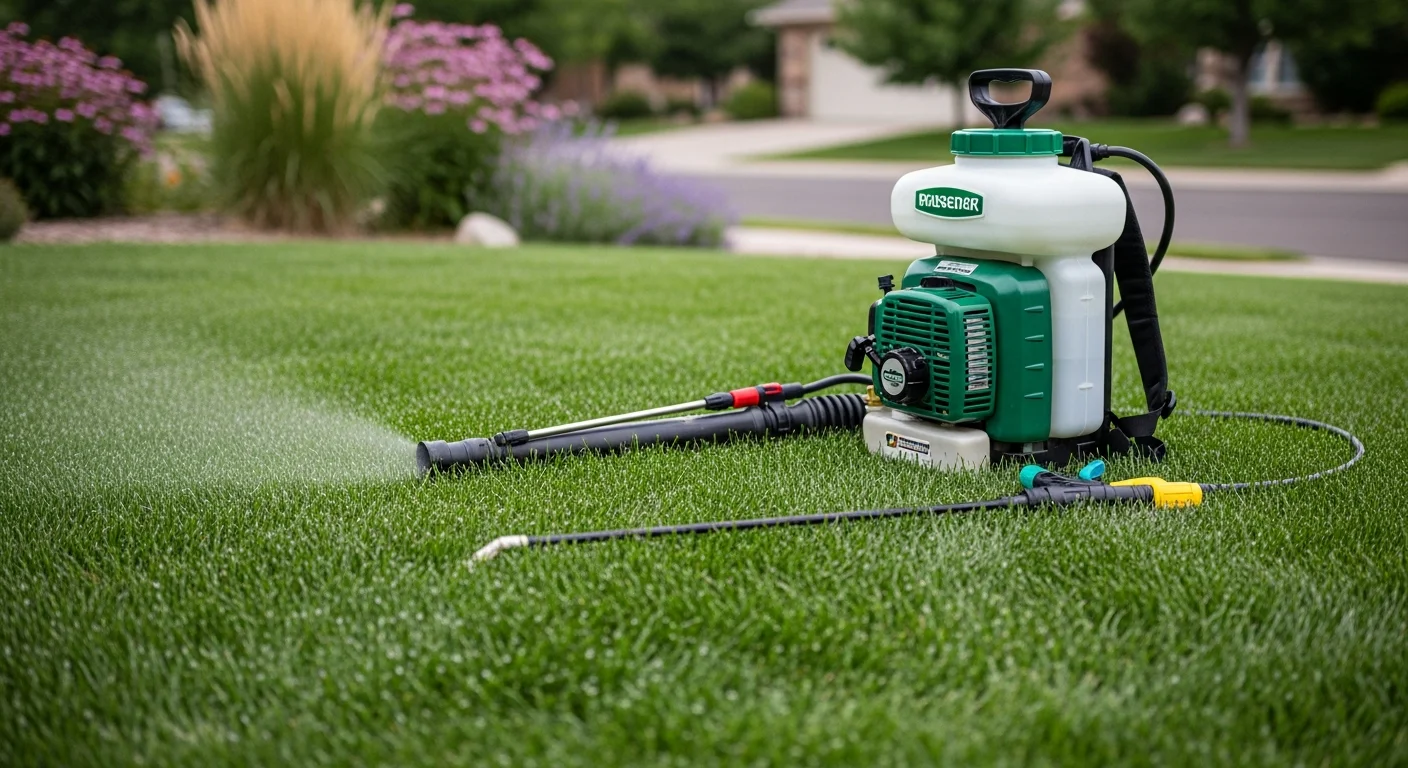 A Centennial, CO residential lawn showing thick, healthy green turf after professional weed control treatment. A lawn care technician applies a targeted post-emergent treatment to broadleaf weeds along the edge of the grass.